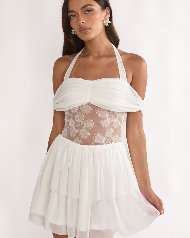 White Mesh Waist Halter Mini Dress