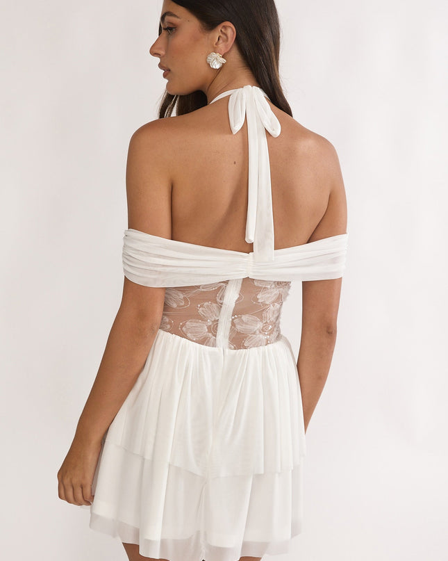 White Mesh Waist Halter Mini Dress