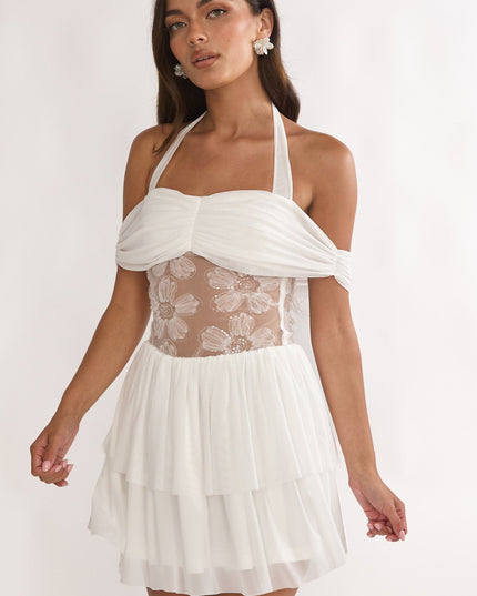White Mesh Waist Halter Mini Dress