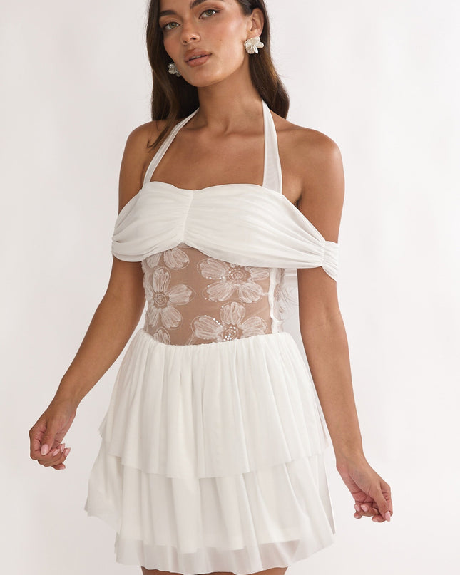White Mesh Waist Halter Mini Dress