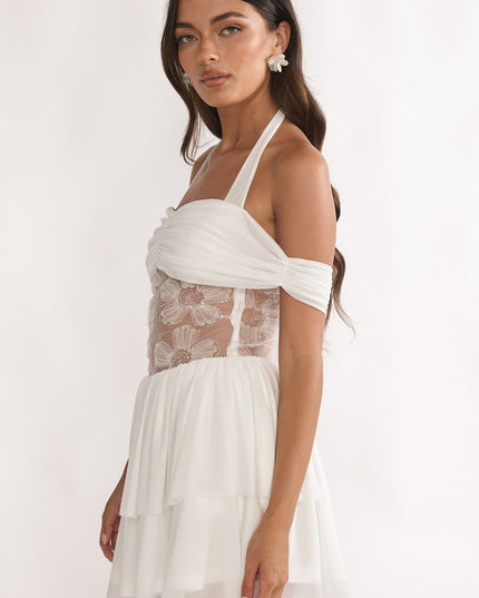 White Mesh Waist Halter Mini Dress