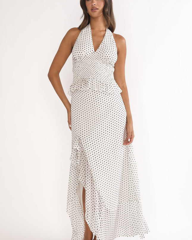 Ivory Ruffle Split Maxi Skirt Polka Dot