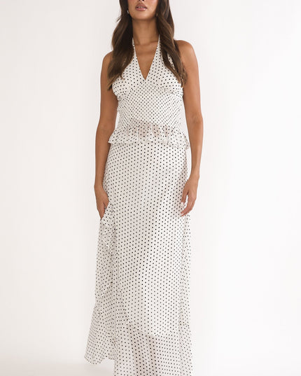 Ivory Ruffle Split Maxi Skirt Polka Dot