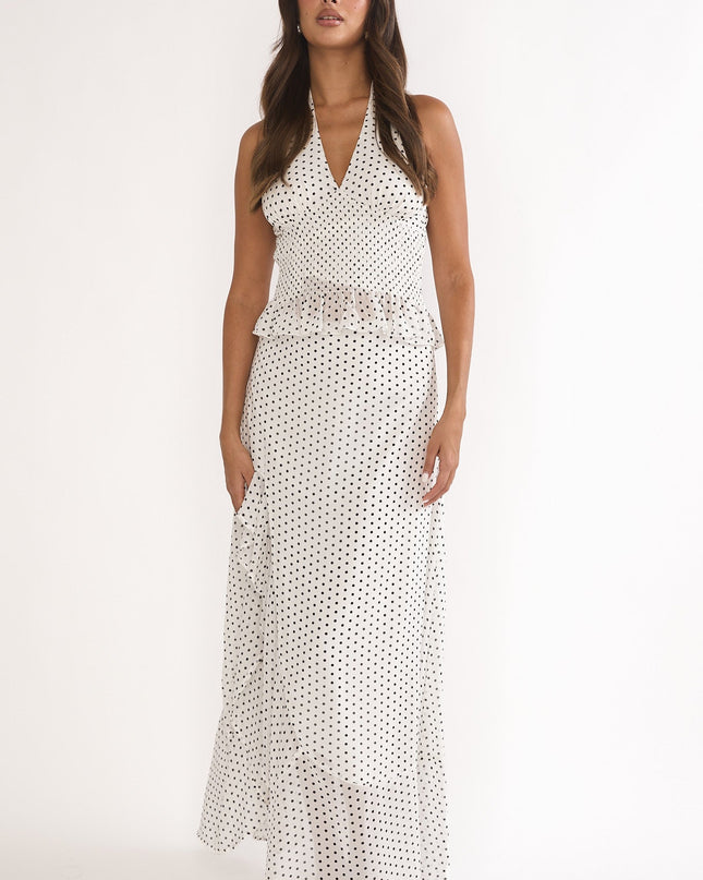 Ivory Ruffle Split Maxi Skirt Polka Dot