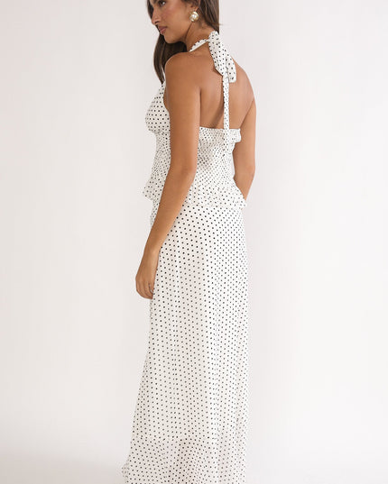Ivory Ruffle Split Maxi Skirt Polka Dot
