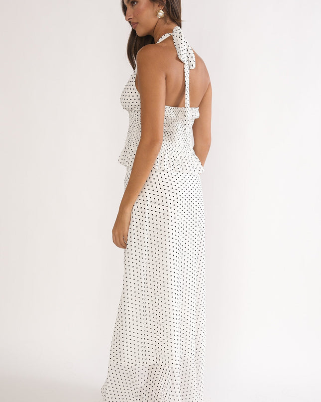 Ivory Ruffle Split Maxi Skirt Polka Dot