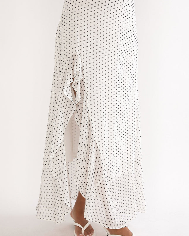 Ivory Ruffle Split Maxi Skirt Polka Dot