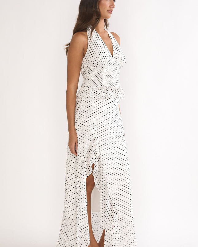 Ivory Ruffle Split Maxi Skirt Polka Dot