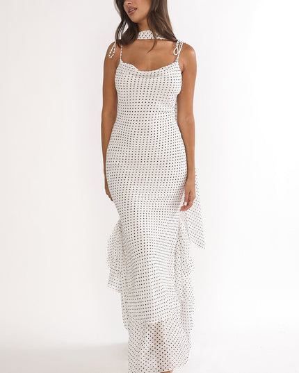 White Tied Shoulder Maxi Dress Polka Dot