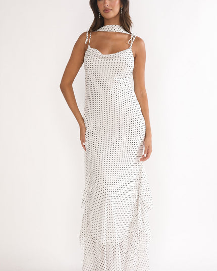 White Tied Shoulder Maxi Dress Polka Dot