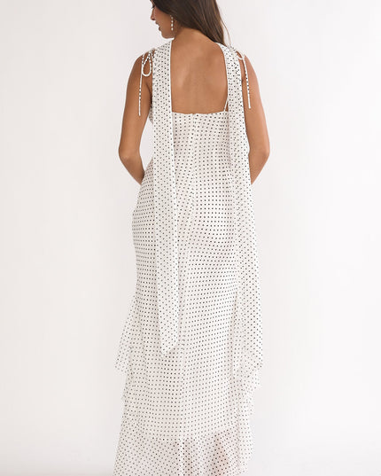 White Tied Shoulder Maxi Dress Polka Dot