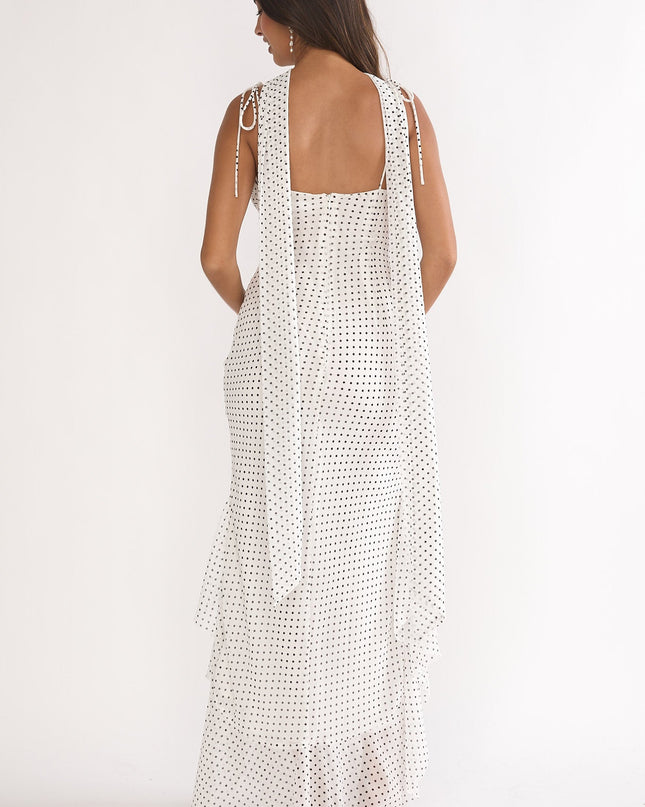 White Tied Shoulder Maxi Dress Polka Dot