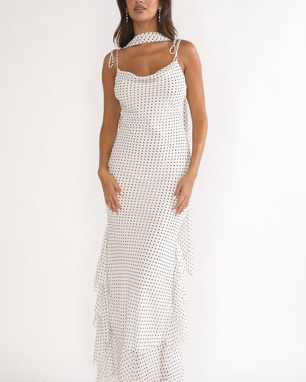White Tied Shoulder Maxi Dress Polka Dot