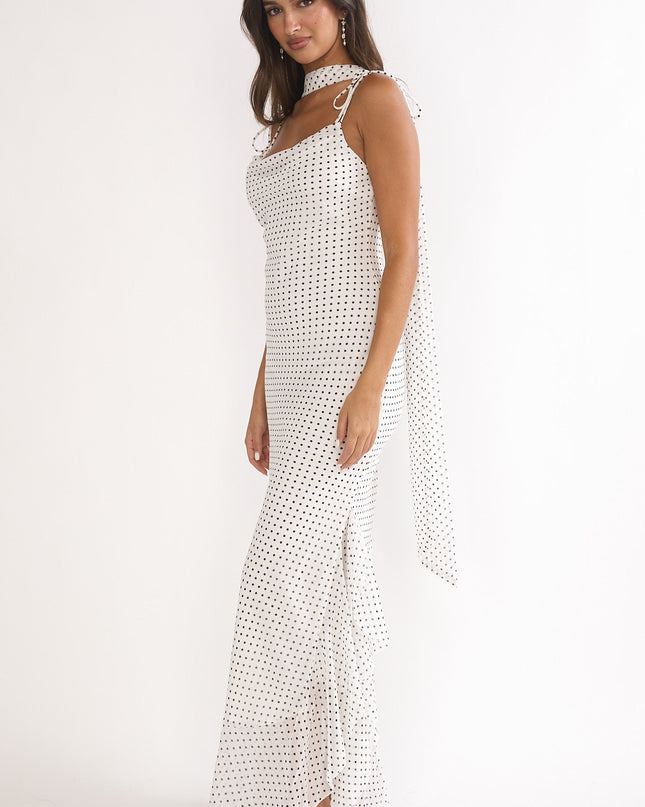 White Tied Shoulder Maxi Dress Polka Dot