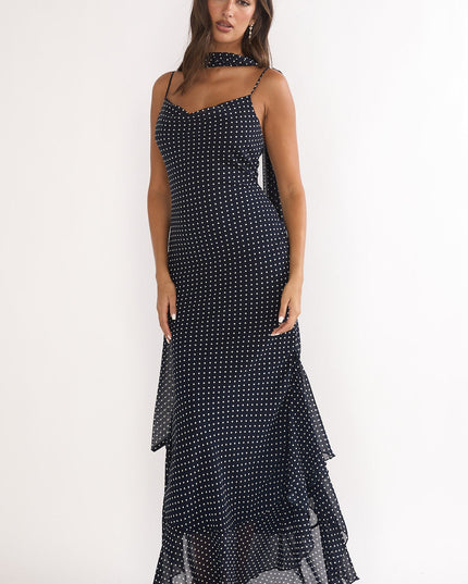 Navy Tied Shoulder Maxi Dress Polka Dot