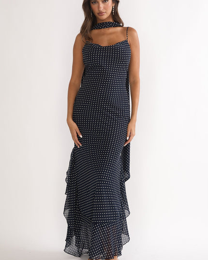 Navy Tied Shoulder Maxi Dress Polka Dot