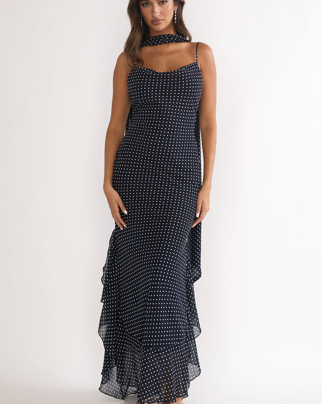 Navy Tied Shoulder Maxi Dress Polka Dot