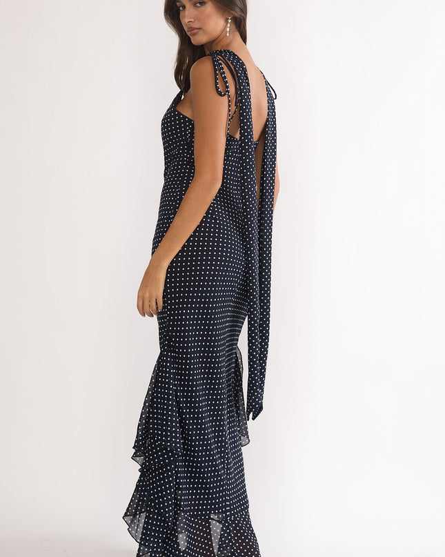 Navy Tied Shoulder Maxi Dress Polka Dot