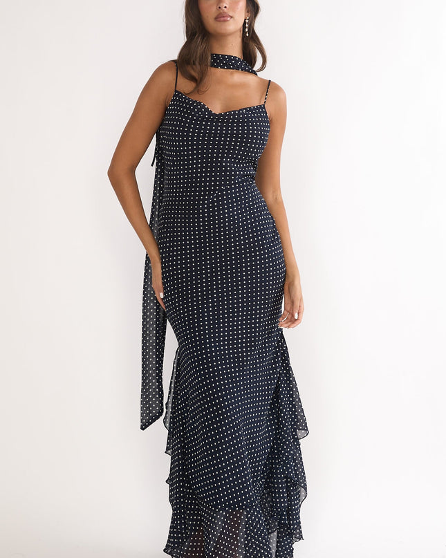 Navy Tied Shoulder Maxi Dress Polka Dot
