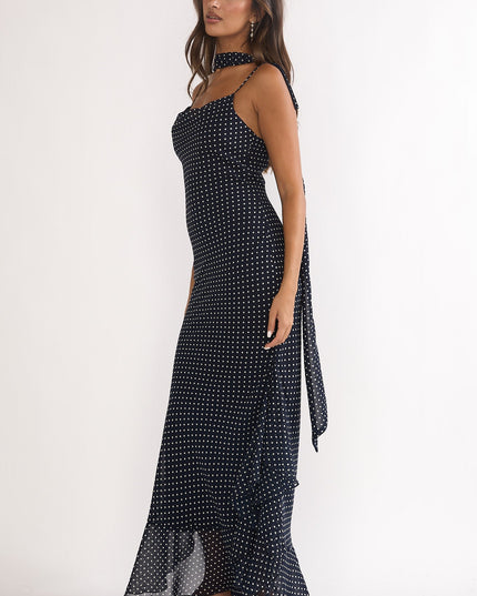 Navy Tied Shoulder Maxi Dress Polka Dot
