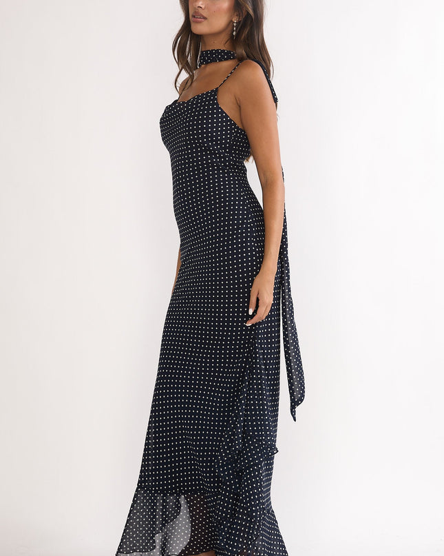 Navy Tied Shoulder Maxi Dress Polka Dot