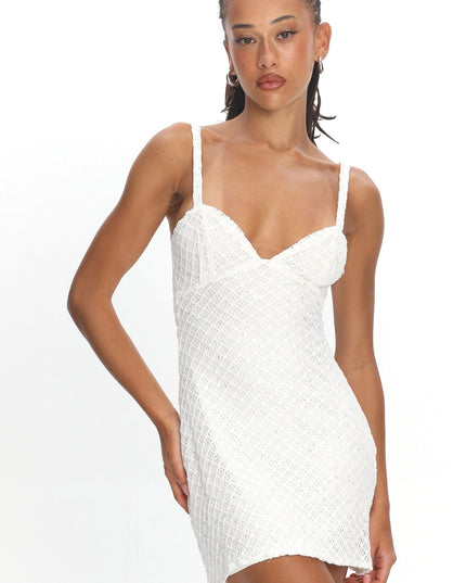 Off White Crochet Knit Mini Dress Sequin