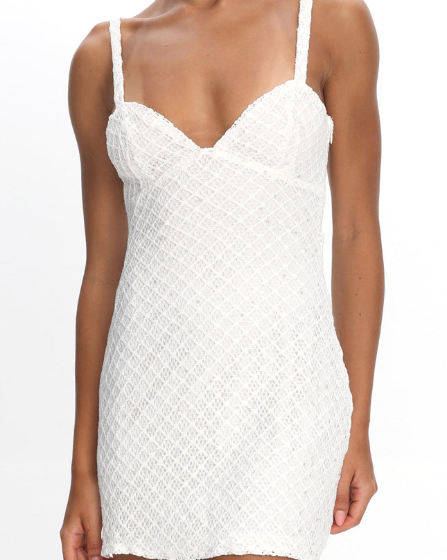 Off White Crochet Knit Mini Dress Sequin