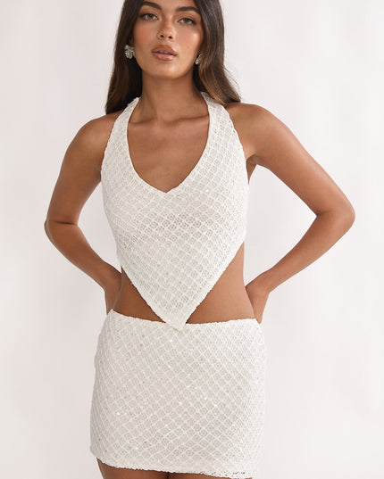 Cream Crochet Knit Mini Skirt Sequin