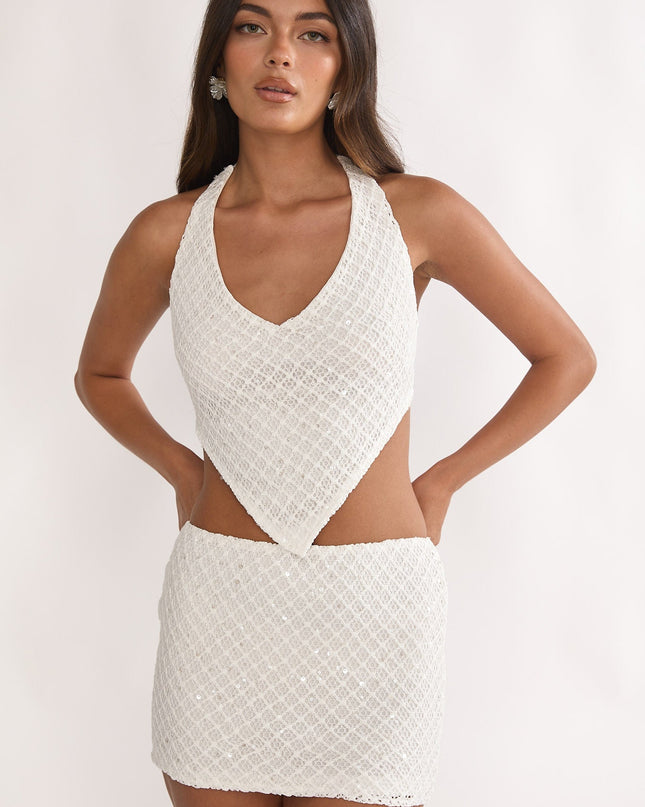 Cream Crochet Knit Mini Skirt Sequin