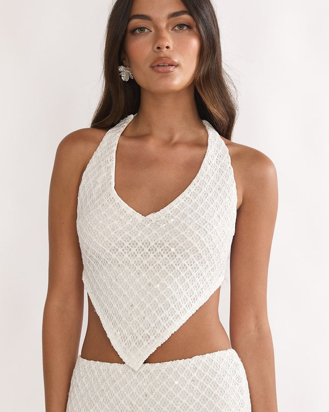 Cream Crochet Knit Halter Top Sequin