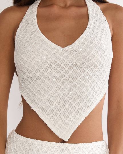 Cream Crochet Knit Halter Top Sequin
