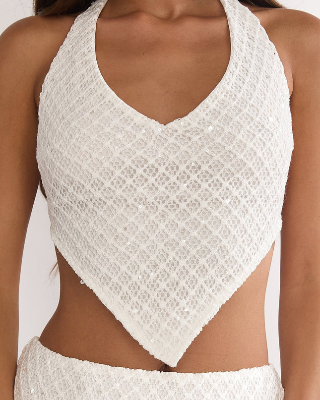 Cream Crochet Knit Halter Top Sequin