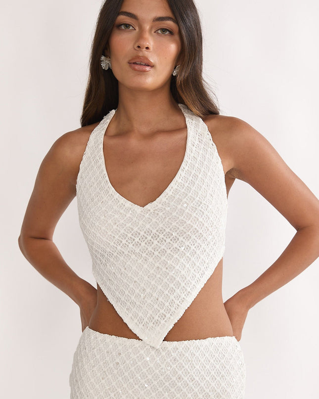 Cream Crochet Knit Halter Top Sequin