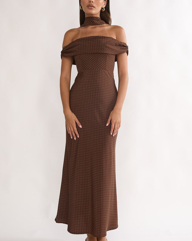 Chocolate Off-Shoulder Maxi Dress Polka Dot