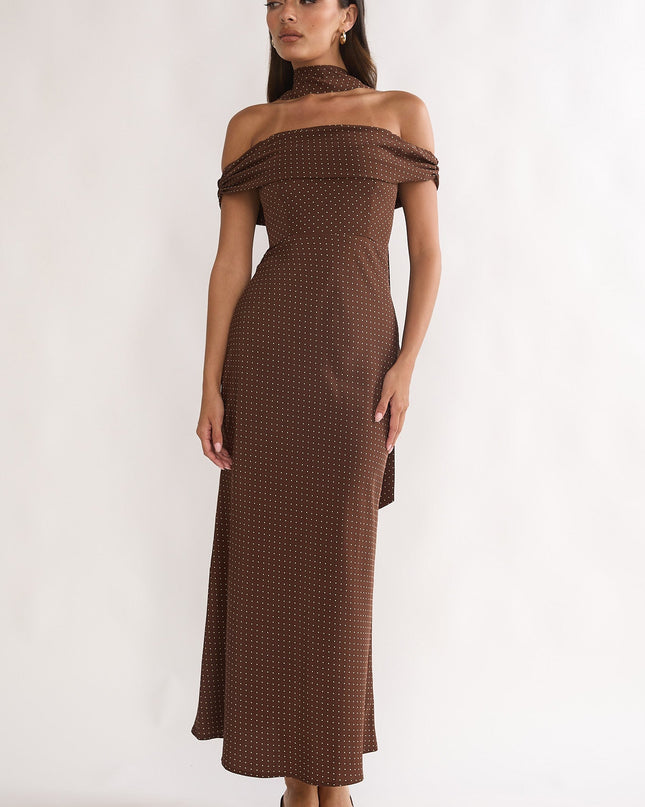Chocolate Off-Shoulder Maxi Dress Polka Dot