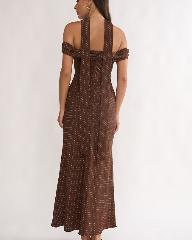 Chocolate Off-Shoulder Maxi Dress Polka Dot