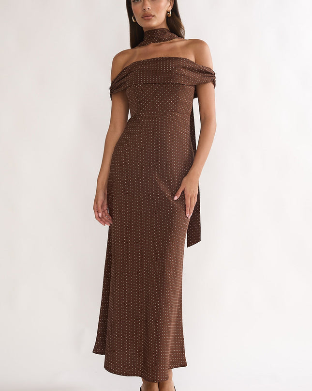 Chocolate Off-Shoulder Maxi Dress Polka Dot