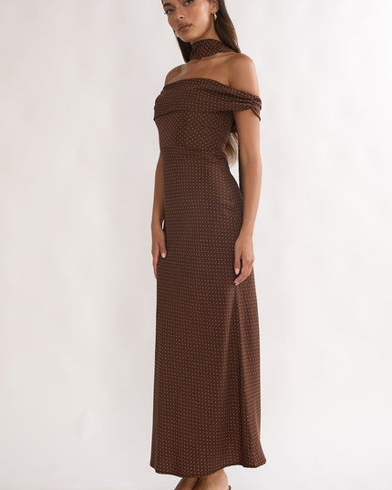 Chocolate Off-Shoulder Maxi Dress Polka Dot