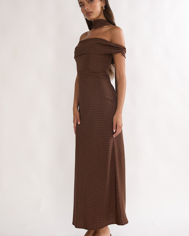 Chocolate Off-Shoulder Maxi Dress Polka Dot