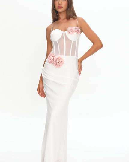 White Sheer Bodice Rosette Maxi Dress