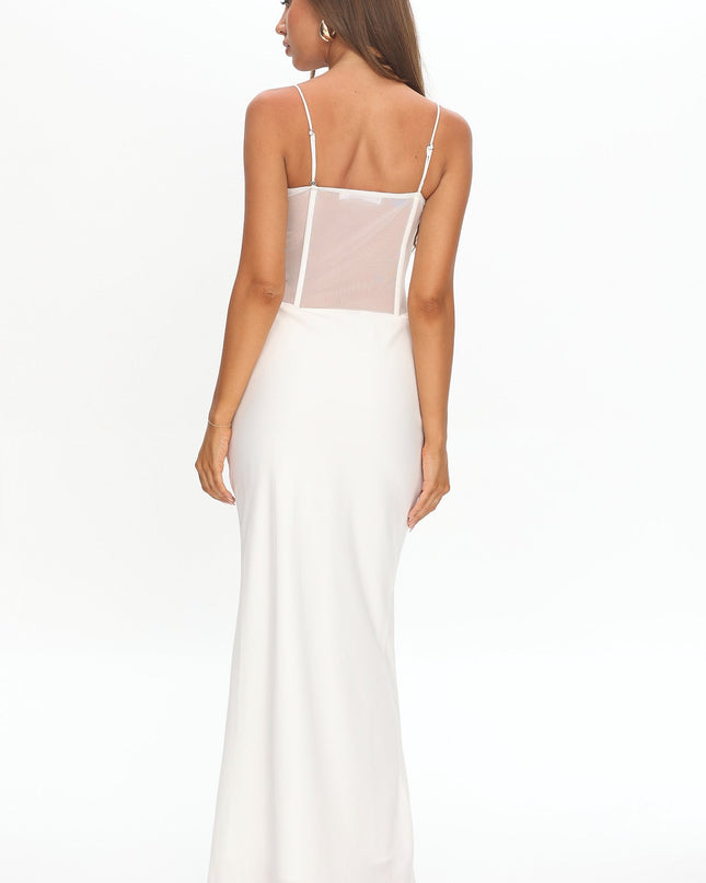 White Sheer Bodice Rosette Maxi Dress