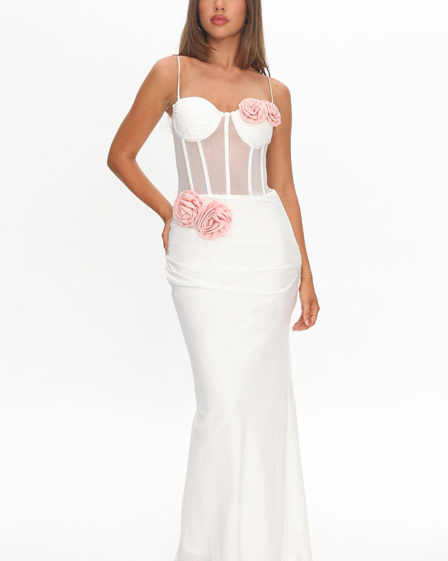 White Sheer Bodice Rosette Maxi Dress