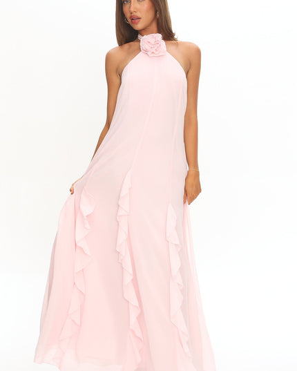 Blush Halterneck Ruffle Trim Maxi Dress