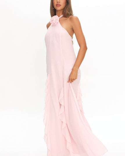 Blush Halterneck Ruffle Trim Maxi Dress