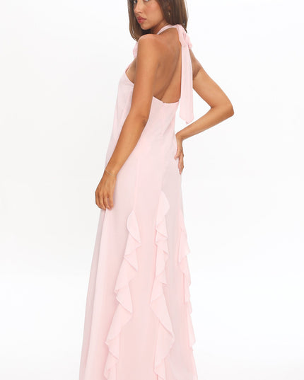 Blush Halterneck Ruffle Trim Maxi Dress