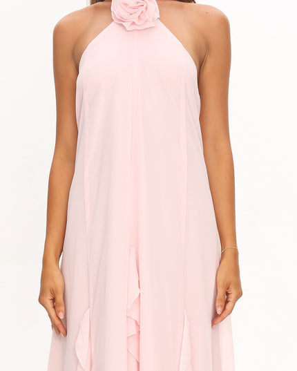 Blush Halterneck Ruffle Trim Maxi Dress