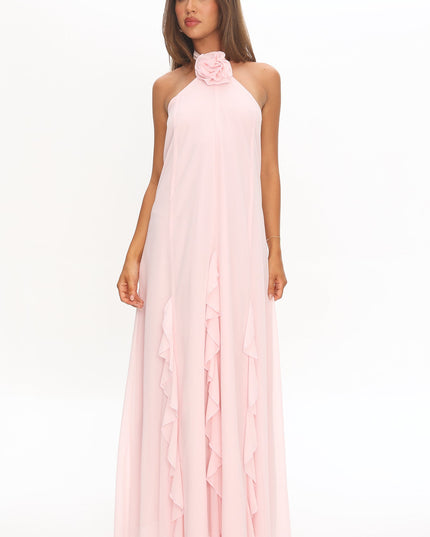 Blush Halterneck Ruffle Trim Maxi Dress