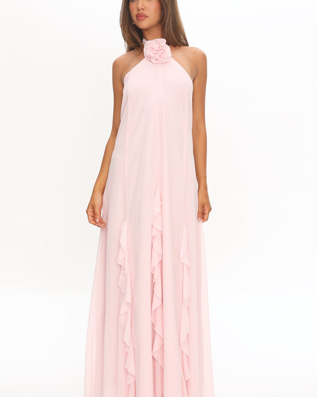 Blush Halterneck Ruffle Trim Maxi Dress