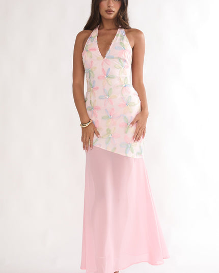 Pink Halterneck Sequin Embellished Maxi Dress