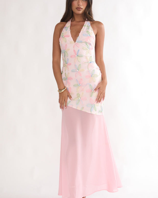 Pink Halterneck Sequin Embellished Maxi Dress